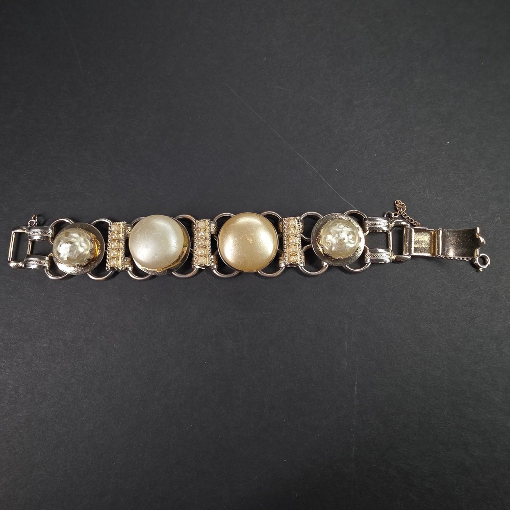 Kafin New York Vintage Faux‎ Pearl Gold Tone Panel Bracelet Safety Chain 7.5in